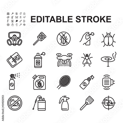 Set of icons related to pest and insect control. Thin line vectors. Contains icons such as insects, pesticides and more.