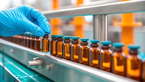 Precision and care, captures gloved hand carefully handling small amber glass vial with blue cap production line. Perfect for showcasing pharmaceutical excellence, laboratory practices, or medical inn