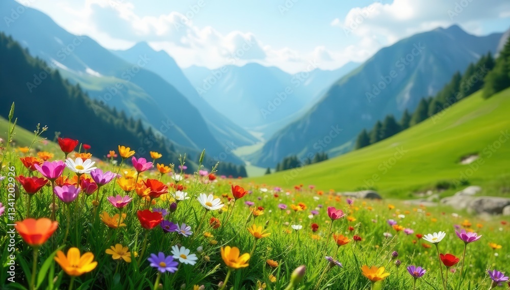 Alpine spring meadow, wildflowers bloom brilliantly , serene, vegetation Alpine spring meadow, wildflowers bloom brilliantly , serene, vegetation