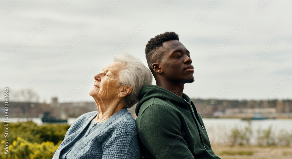 Elderly caucasian woman and young african male relaxing outdoors by the water Elderly caucasian woman and young african male relaxing outdoors by the water