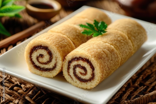 A plate of whole wheat flour Swiss rolls with red bean filling