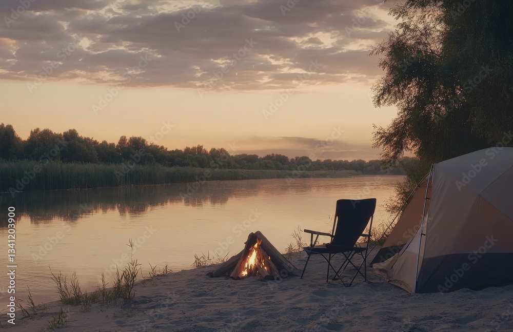 Fototapeta premium As dusk descends, a peaceful riverside camp comes alive with a warm fire and comfortable seating, perfect for relaxation