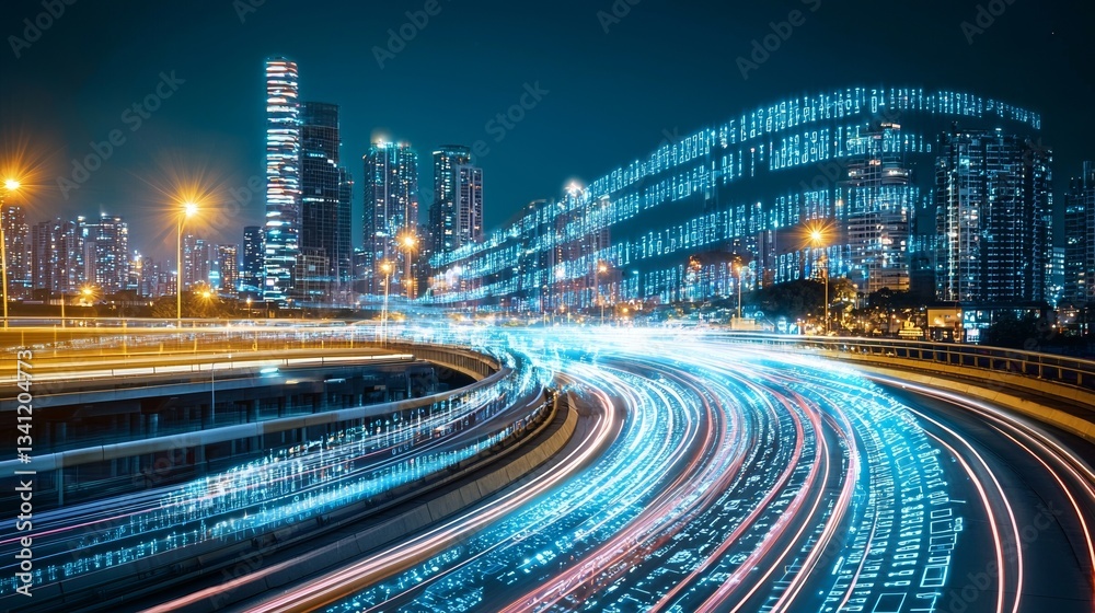 Fototapeta premium The concept of digitization and data transfer speed is depicted through an abstract road with blue light trails