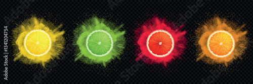 Set of realistic citrus explosions. Fresh, ripe lemon, orange, lime, grapefruit slice with colorful burst on dark transparent background.
