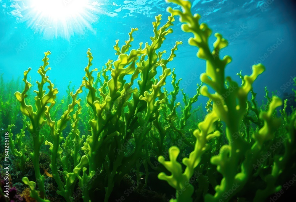 Naklejka premium Sunlight illuminating vibrant green seaweed underwater, ocean plant, nature