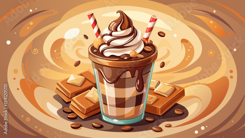 A creamy chocolate milkshake topped with whipped cream and drizzled chocolate, surrounded by chocolate pieces on a subtle background.