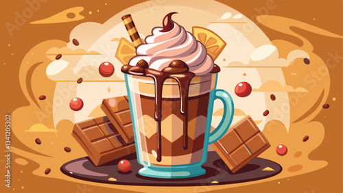 A creamy chocolate milkshake topped with whipped cream and drizzled chocolate, surrounded by chocolate pieces on a subtle background.