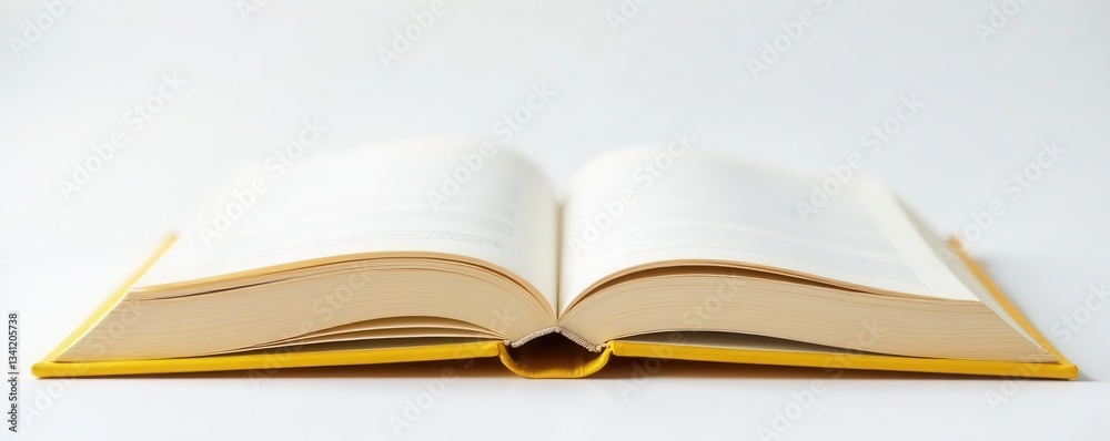 Naklejka premium Bright yellow hardcover book lies open, showcasing crisp white pages against a pure white backdrop, texture, open book, cover