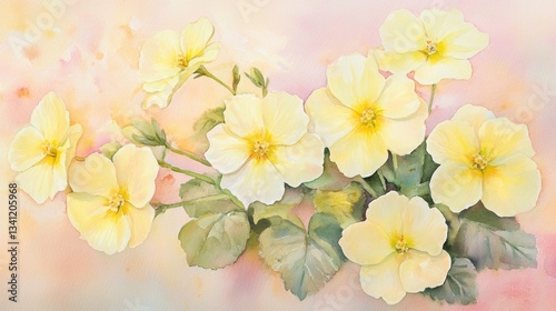 Delicate yellow primroses in soft pastel watercolor