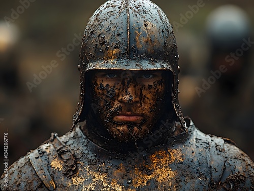 Weathered fantasy warrior in mud stained armor after an intense battle