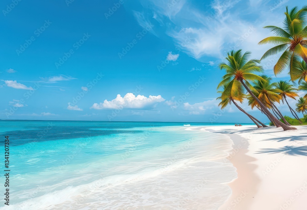 Obraz premium Azure water laps white sand shore, palm trees sway gently in breeze, ocean, pristine