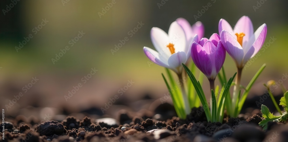 Obraz premium Close-up of delicate crocuses and snowdrops emerging from the earth , delicate, nature, white