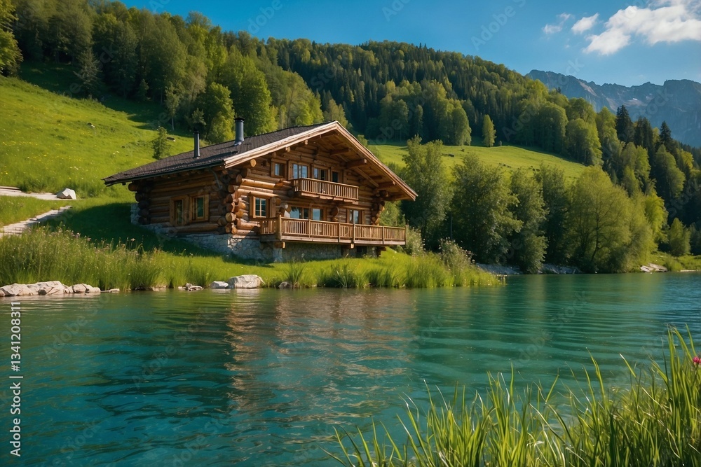 Fototapeta premium Wooden Log House on Top of a Lush Green Hill Slope, Overlooking a Lake and Stream on a Sunny Day, Creating an Atmosphere of Comfort and Harmony with Nature