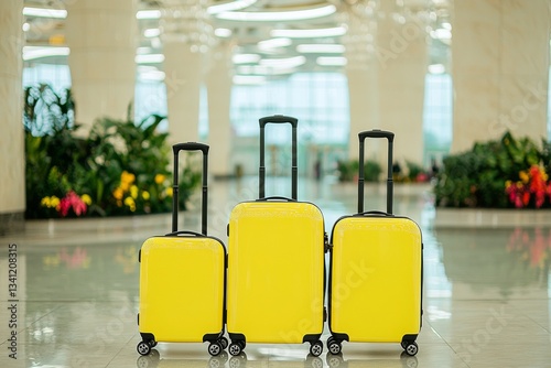 In the airport, a collection of radiant yellow suitcases stands ready to embark on a travel adventure