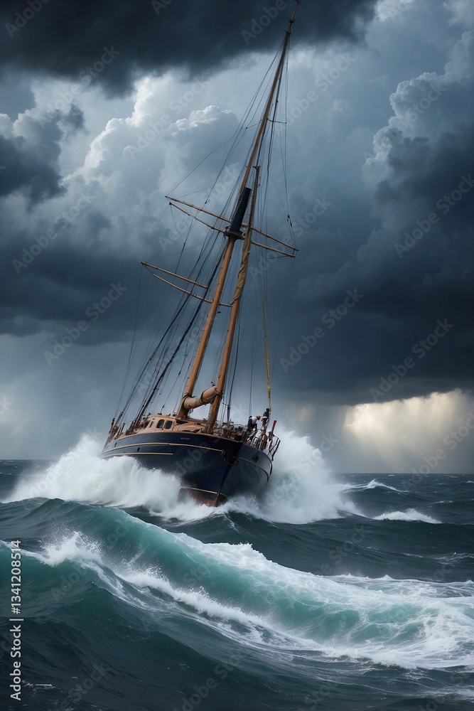 Obraz premium Yacht in the Midst of a Tumultuous Ocean Battling Whirlwinds and Thunderstorms During a Storm, Symbolizing Strength and the Quest for Shelter