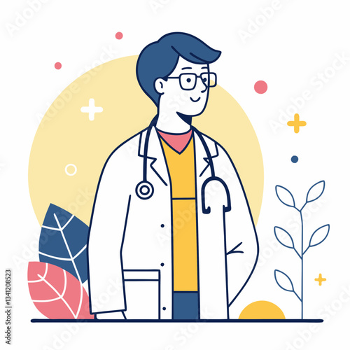 Smiling doctor with stethoscope stands confidently in white coat. Friendly medical professional with glasses against pastel background with decorative elements. Concept: healthcare, medical practices.
