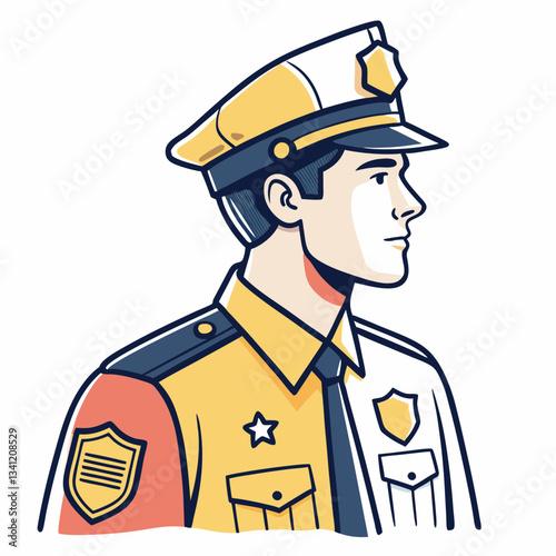 Police officer in profile wearing yellow and blue uniform with badges. Stylized law enforcement professional in comic-book style with bold outlines. Concept: security services, public safety agencies.