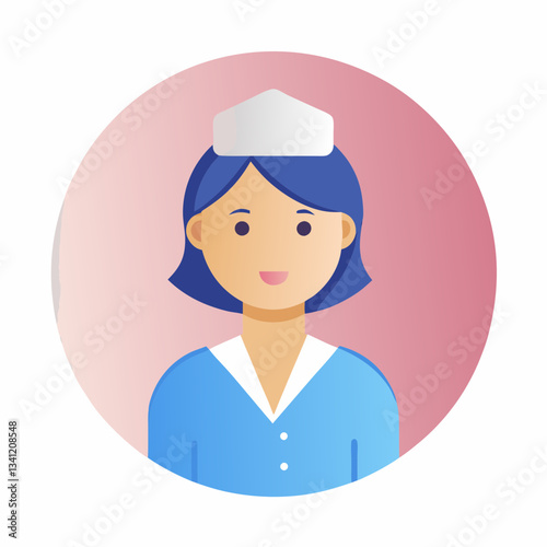 Friendly nurse smiles in circular avatar illustration. Woman with short blue hair wearing light blue uniform and white cap on peach background. Concept: healthcare, medical services, nursing education