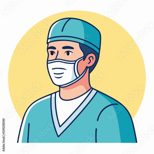 Medical professional wearing surgical cap and mask with calm expression. Healthcare worker depicted in cartoonish style against pale yellow circular background. Concept: healthcare, medical facilities