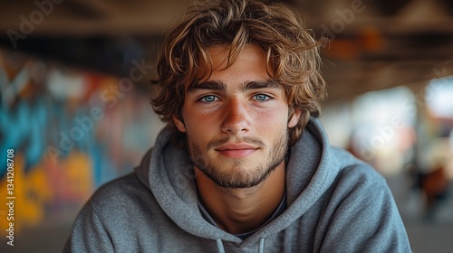 Portrait of a young man with striking blue eyes and tousled blond hair, wearing a grey hooded sweatshirt against a graffiti background.