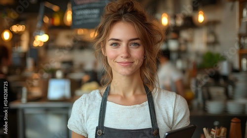 Smiling server holding a tablet, ready to take an order in a cozy cafe setting with warm lighting.