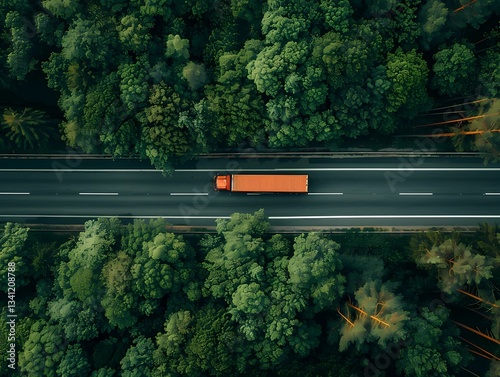 Aerial View of truck on high road in forest
