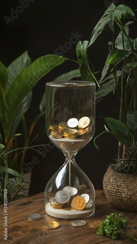An hourglass filled with coins symbolizes the notion that time is equivalent to money