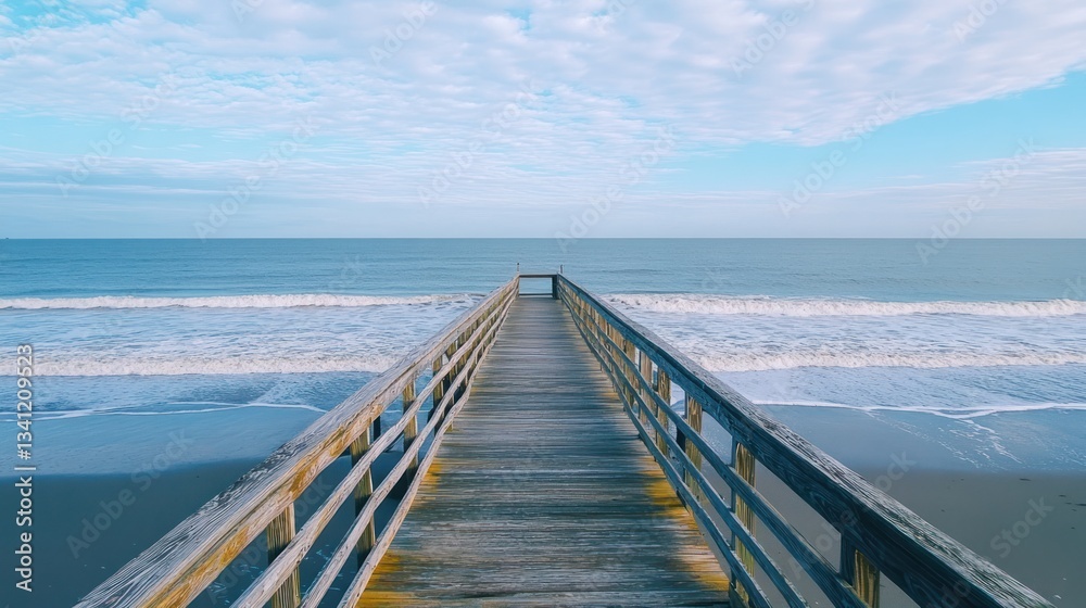 Obraz premium Wooden pier stretching into the calm ocean with a serene sky above during the day