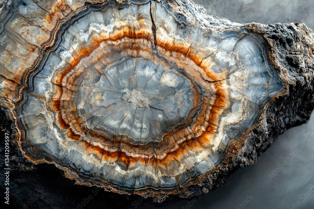 Obraz premium Petrified wood cross-section reveals stunning concentric rings of grey, white, and orange hues, showcasing the beauty of fossilized wood.