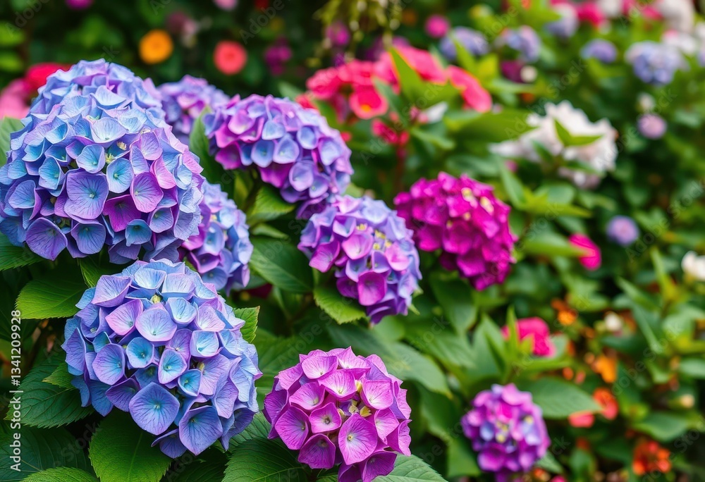 Lush hydrangea blooms in vibrant summer garden, serenity, pink Lush hydrangea blooms in vibrant summer garden, serenity, pink