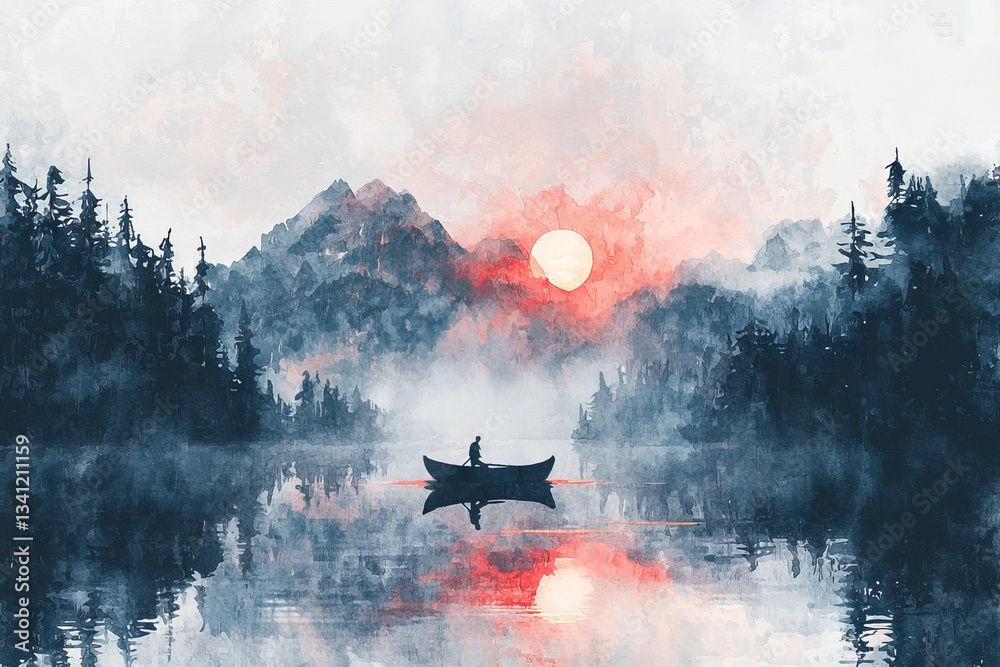 Fototapeta premium A tranquil watercolor representation of a tiny vessel on an expansive sea, with the horizon radiating softly, embodying the boundless possibilities of discovery