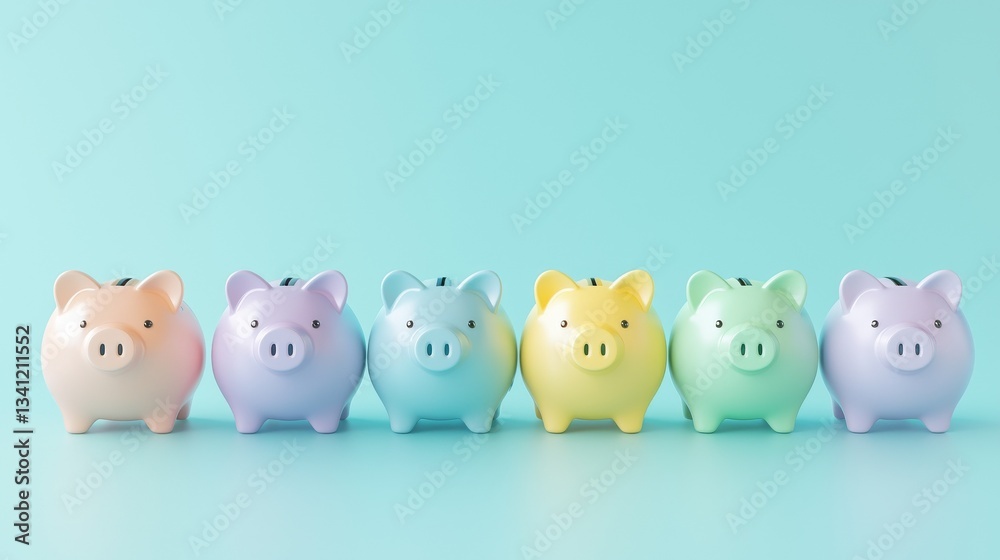 Against a brilliant blue backdrop, an assortment of piggy banks in various colors is on display, emphasizing the importance of saving and investing Against a brilliant blue backdrop, an assortment of piggy banks in various colors is on display, emphasizing the importance of saving and investing
