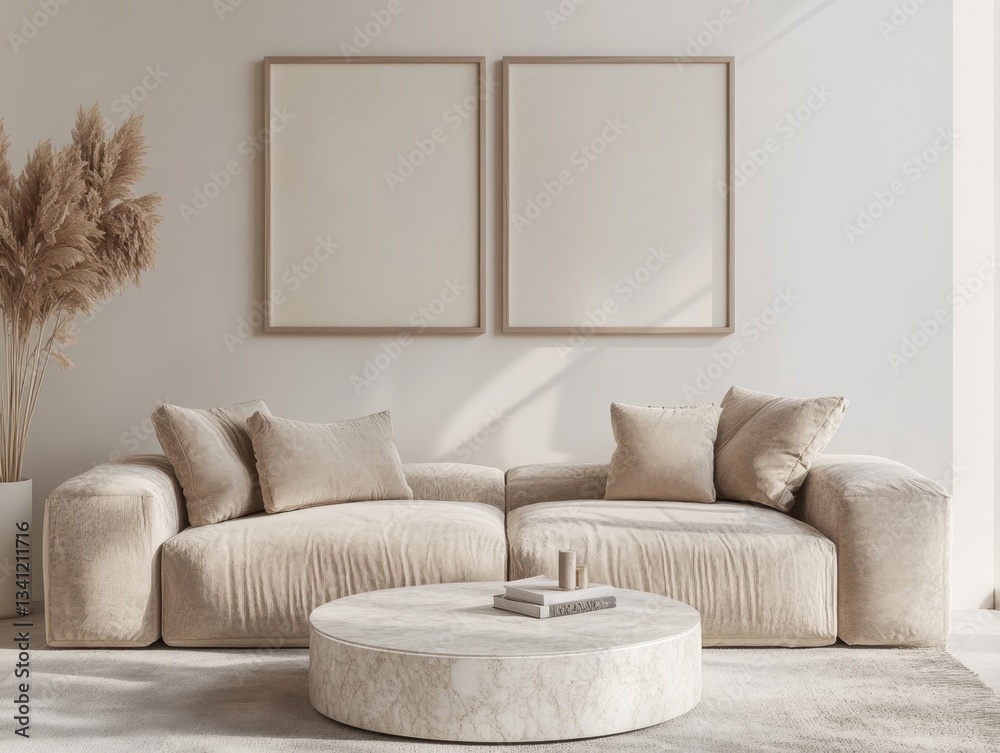 Fototapeta premium A white couch with two pillows on it. A coffee table with a book on it. A white wall with a picture frame