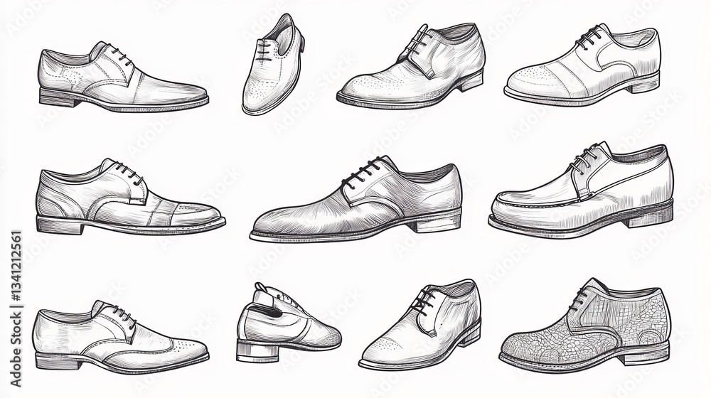 A hand-drawn vector illustration of a men's formal leather shoe collection, featuring various views in a doodle-style sketch, perfect for shoe design concepts A hand-drawn vector illustration of a men's formal leather shoe collection, featuring various views in a doodle-style sketch, perfect for shoe design concepts