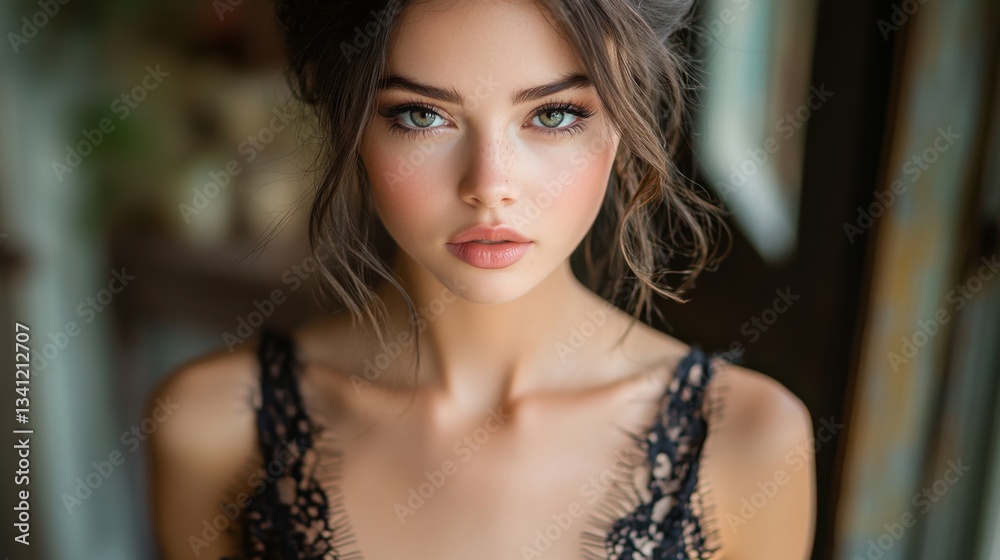 A young woman with alluring features gazes intently with her green eyes. She has tousled hair and wears a delicate black lace top, set against a warm, inviting indoor background. A young woman with alluring features gazes intently with her green eyes. She has tousled hair and wears a delicate black lace top, set against a warm, inviting indoor background.