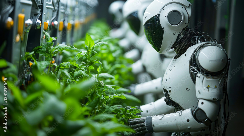 Robots tending to plants in an advanced agricultural facility during daylight hours