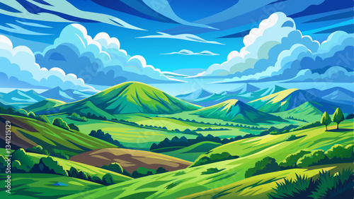 breathtaking nature backdrop with rolling green hills, a vivid blue sky, and delicate clouds scattered across