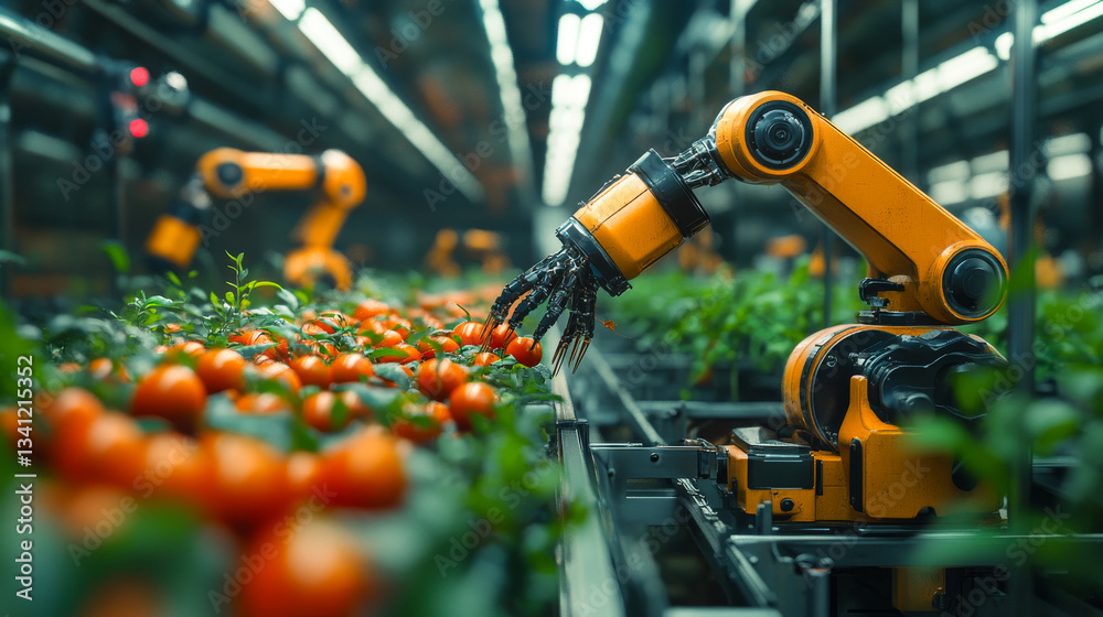 Robots harvest fresh tomatoes in a modern greenhouse facility during daytime