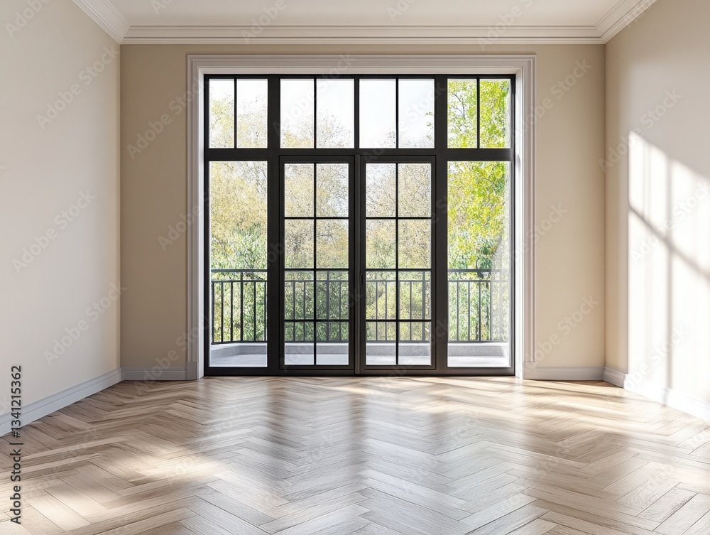 A large open room with a black door and a window. The room is empty and has a lot of natural light coming in A large open room with a black door and a window. The room is empty and has a lot of natural light coming in