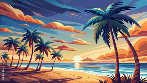 vector of row of majestic palm trees sways rhythmically under a vast sky, kissed by the gentle ocean breeze