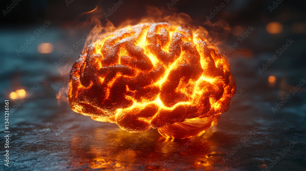 Fiery brain concept represents creativity and knowledge sparking inspiration in the dark