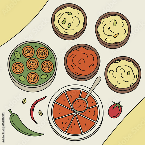 Vibrant Colorful Sauces in Small Bowls on Marble dip red dips food menu blue tasty table  