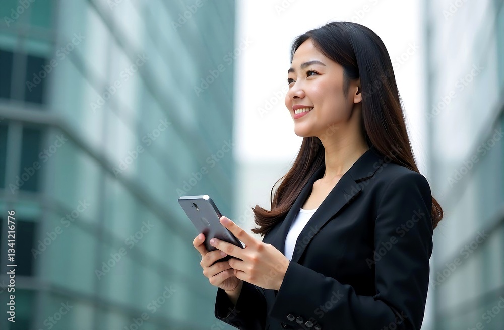 Pondering asian korean businesswoman with long hair looking away and smiling while holding smartphone in hand, standing at the lest side of image, urban office buildings background, place for text Pondering asian korean businesswoman with long hair looking away and smiling while holding smartphone in hand, standing at the lest side of image, urban office buildings background, place for text