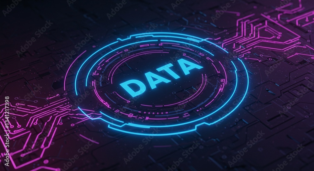 Obraz premium Data Visualization: Futuristic digital circuit board with a neon illuminated 