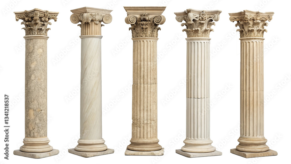 Four ancient architectural columns with different designs isolated on a white background showing classical style Four ancient architectural columns with different designs isolated on a white background showing classical style