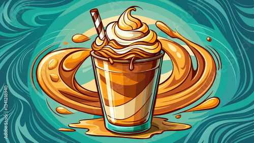 Iced caramel frappe in a glass, with smooth whipped cream and thick caramel sauce swirling down, capturing the essence of sweet indulgence