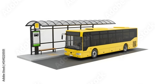 A modern yellow city bus parked at a sleek, well-maintained bus stop, featuring a digital schedule, waiting area, and canopy isolated on a white background.