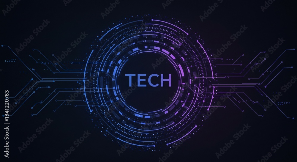 Obraz premium Tech Innovation: A mesmerizing display of technological prowess, with interconnected circuits, concentric circles, and the bold word 'TECH' at its core.