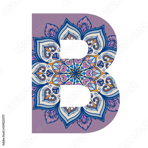 Letter b with mandala elements, png letter with decorative typography art transparent background