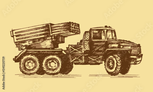 Multiple launch rocket system. Missile system with a multiple launcher. Sketch, rough draft. Vector illustration